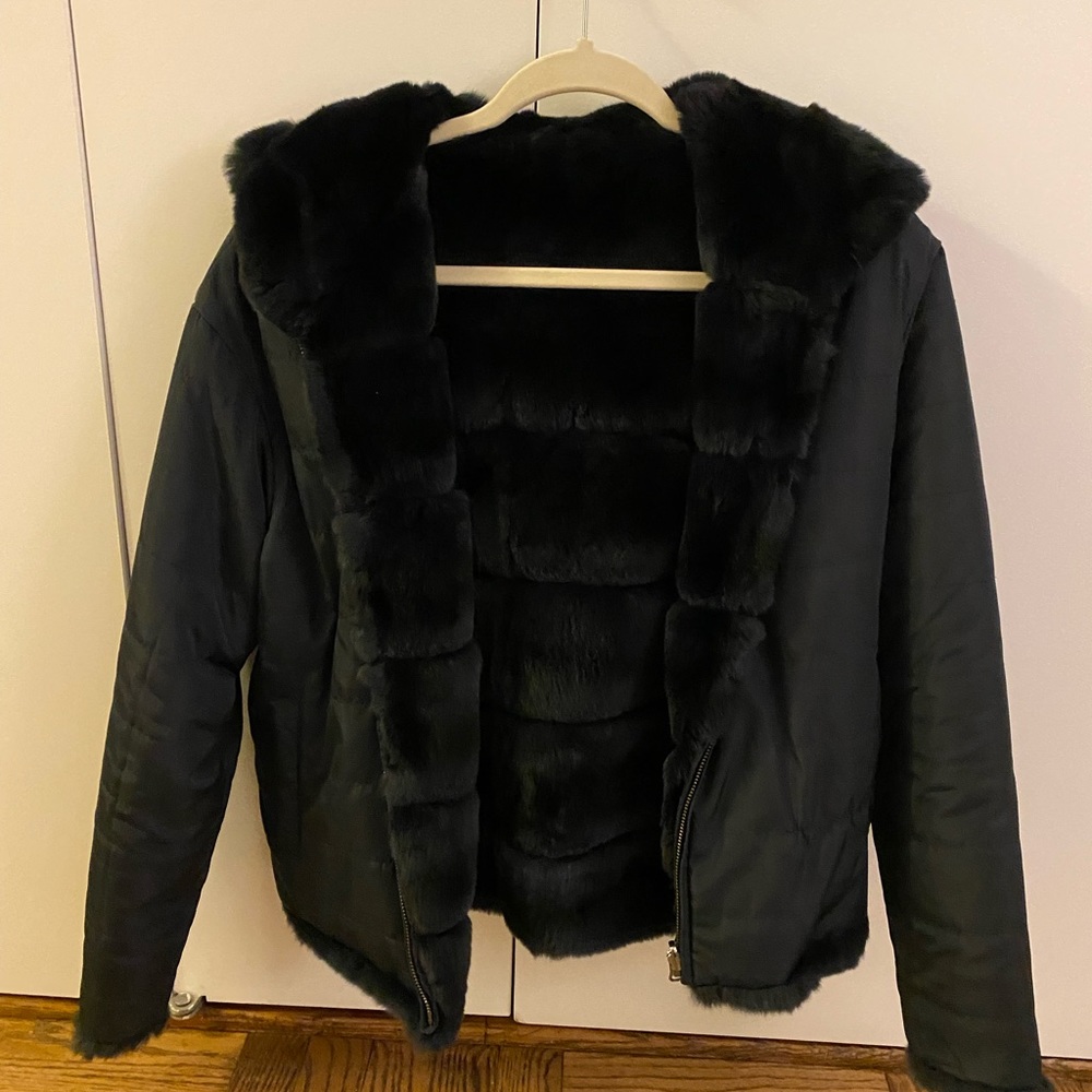 Reversible Navy Blue Rabbit Fur Hooded Jacket - Picture 5 of 6